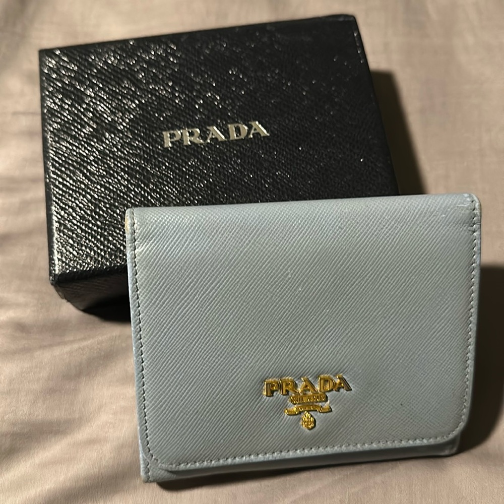 Prada Authentic light blue trifold wallet with box